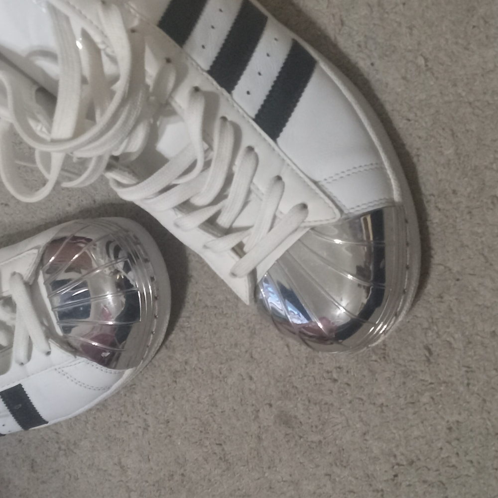 Adidas White and Black Sneakers with Silver Toe
